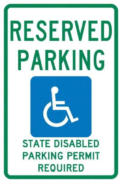 NMC - "Reserved Parking State Disabled Parking Permit Required", "Handicap Symbol", 12" Wide x 18" High, Aluminum ADA Signs - 0.04" Thick, Green & Blue on White, Rectangle, Post Mount - Caliber Tooling