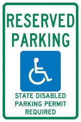 NMC - "Reserved Parking State Disabled Parking Permit Required", "Handicap Symbol", 12" Wide x 18" High, Aluminum ADA Signs - 0.04" Thick, Green & Blue on White, Rectangle, Post Mount - Caliber Tooling