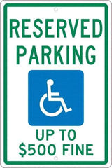 NMC - "Reserved Parking Up To $500 Fine", "Handicap Symbol", 12" Wide x 18" High, Aluminum ADA Signs - 0.063" Thick, Green & Blue on White, Rectangle, Post Mount - Caliber Tooling