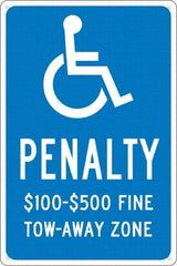 NMC - "Penalty $100-$500 Fine Tow-Away Zone", "Handicap Symbol", 12" Wide x 18" High, Aluminum ADA Signs - 0.04" Thick, White on Blue, Rectangle, Post Mount - Caliber Tooling