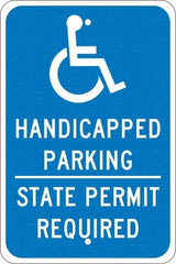 NMC - "Handicapped Parking State Permit Required", "Handicap Symbol", 12" Wide x 18" High, Aluminum ADA Signs - 0.08" Thick, White on Blue, Engineer Grade Reflectivity, Rectangle, Post Mount - Caliber Tooling