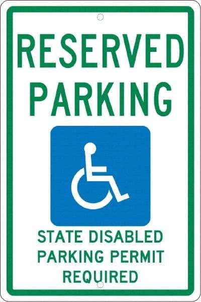 NMC - "Reserved Parking State Disabled Parking Permit Required", "Handicap Symbol", 12" Wide x 18" High, Aluminum ADA Signs - 0.063" Thick, Green & Blue on White, Rectangle, Post Mount - Caliber Tooling