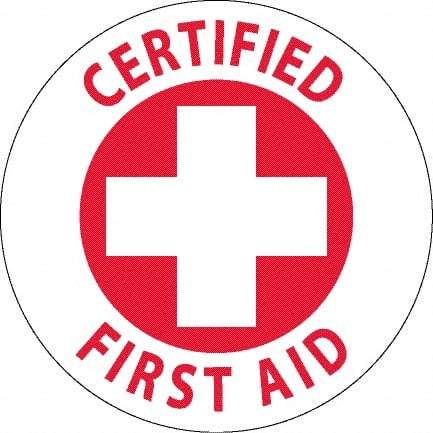 NMC - Certified First Aid, Hard Hat Label - Red on White, 0.045" Thick, For Accident Prevention - Caliber Tooling