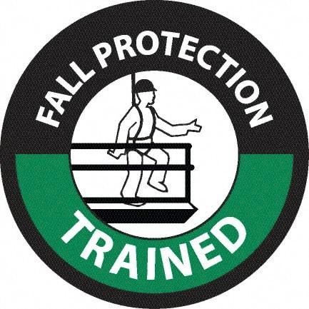 NMC - Fall Protection Trained, Hard Hat Label - Diamond, White & Green on Black, 0.004" Thick, Indoor or Outdoor, Adhesive Backed, For Accident Prevention - Caliber Tooling