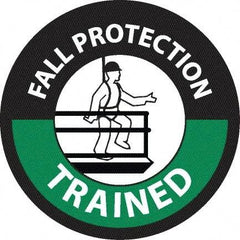 NMC - Fall Protection Trained, Hard Hat Label - Round, White & Green on Black, 0.004" Thick, Indoor or Outdoor, Adhesive Backed, For Accident Prevention - Caliber Tooling