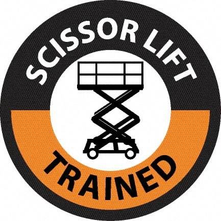 NMC - Scissor Lift Trained, Hard Hat Label - Round, Black & Orange on White, 0.004" Thick, Indoor or Outdoor, Adhesive Backed, For Accident Prevention - Caliber Tooling