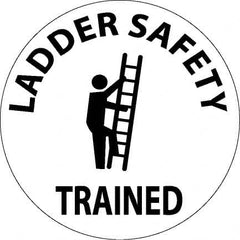 NMC - Ladder Safety Trained, Hard Hat Label - Round, Black on White, 0.004" Thick, Indoor or Outdoor, Adhesive Backed, For Accident Prevention - Caliber Tooling