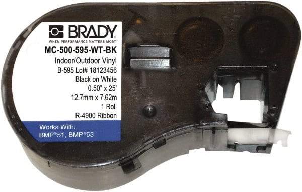 Brady - 1/2" Wide, Black & White Vinyl Labels - For BMP41 Label Printer, BMP51 Label Printer, BMP53 Label Printer - Caliber Tooling