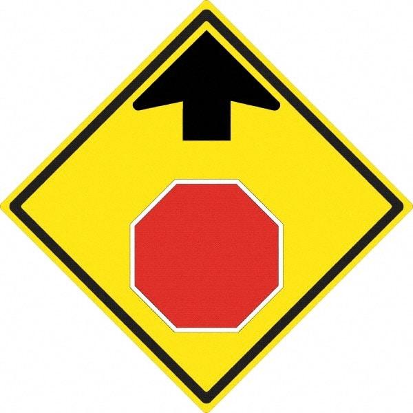 NMC - "Up Arrow, Stop Symbol", 24" Wide x 24" High, Aluminum Stop & Yield Signs - 0.08" Thick, Red & Black on Yellow, High Intensity Reflectivity, Diamond, Post Mount - Caliber Tooling