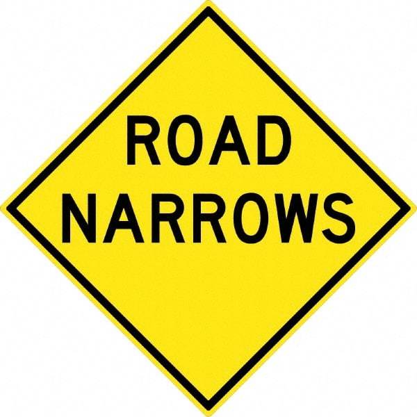 NMC - "Road Narrows", 30" Wide x 30" High, Aluminum Traffic Control Signs - 0.08" Thick, Black on Yellow, High Intensity Reflectivity, Diamond, Post Mount - Caliber Tooling