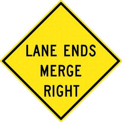 NMC - "Lane End Merge Right", 30" Wide x 30" High, Aluminum Traffic Control Signs - 0.08" Thick, Black on Yellow, High Intensity Reflectivity, Diamond, Post Mount - Caliber Tooling