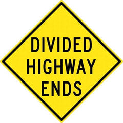 NMC - "Divided Highway Ends", 30" Wide x 30" High, Aluminum Traffic Control Signs - 0.08" Thick, Black on Yellow, High Intensity Reflectivity, Diamond, Post Mount - Caliber Tooling