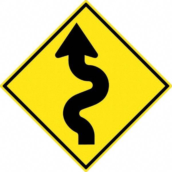 NMC - "Winding Arrow", 30" Wide x 30" High, Aluminum Traffic Control Signs - 0.08" Thick, Black on Yellow, High Intensity Reflectivity, Diamond, Post Mount - Caliber Tooling