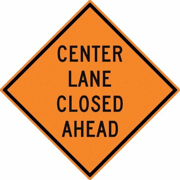 NMC - "Center Lane Closed", 30" Wide x 30" High, Aluminum Traffic Control Signs - 0.08" Thick, Black on Orange, High Intensity Reflectivity, Diamond, Post Mount - Caliber Tooling