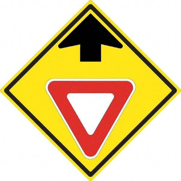 NMC - "Up Arrow, Yield Symbol", 24" Wide x 24" High, Aluminum Stop & Yield Signs - 0.08" Thick, Red & Black on Yellow, High Intensity Reflectivity, Diamond, Post Mount - Caliber Tooling