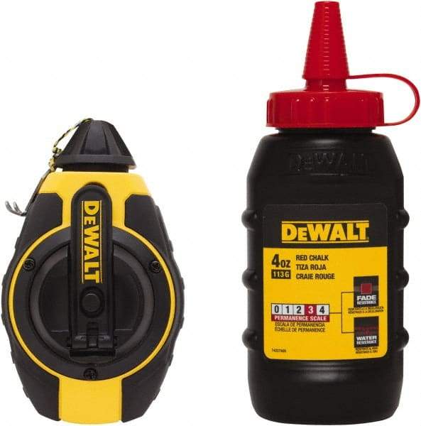 DeWALT - 100' Long Reel & Chalk Set - Yellow & Black, Includes 4 oz Red Chalk - Caliber Tooling