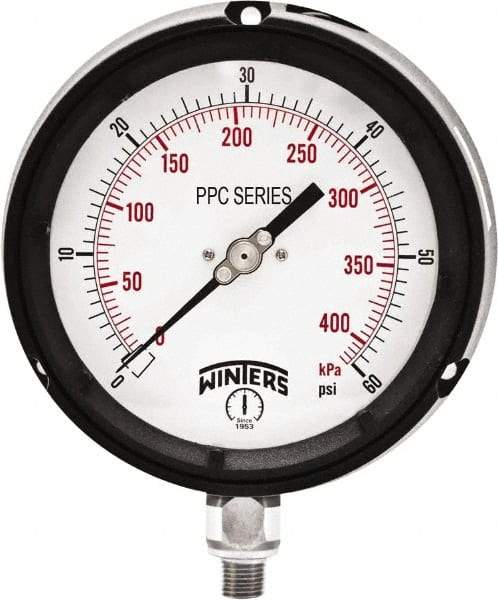 Winters - 4-1/2" Dial, 1/4 Thread, 0-60 Scale Range, Pressure Gauge - Bottom Connection Mount, Accurate to ±0.5% of Scale - Caliber Tooling