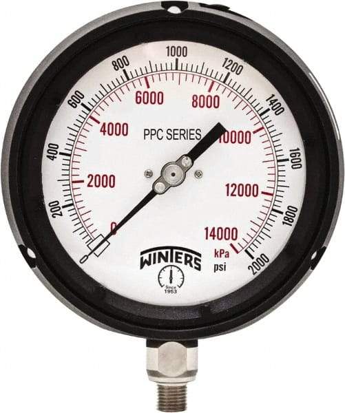 Winters - 4-1/2" Dial, 1/4 Thread, 0-2,000 Scale Range, Pressure Gauge - Bottom Connection Mount, Accurate to ±0.5% of Scale - Caliber Tooling