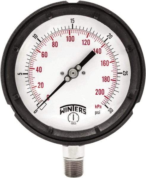 Winters - 4-1/2" Dial, 1/4 Thread, 0-30 Scale Range, Pressure Gauge - Bottom Connection Mount, Accurate to ±0.5% of Scale - Caliber Tooling