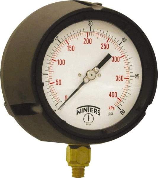 Winters - 4-1/2" Dial, 1/4 Thread, 0-60 Scale Range, Pressure Gauge - Bottom Connection Mount, Accurate to ±0.5% of Scale - Caliber Tooling