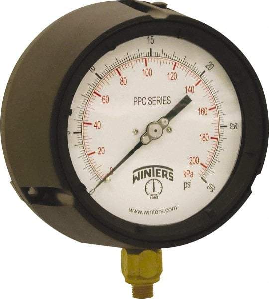 Winters - 4-1/2" Dial, 1/4 Thread, 0-30 Scale Range, Pressure Gauge - Bottom Connection Mount, Accurate to ±0.5% of Scale - Caliber Tooling