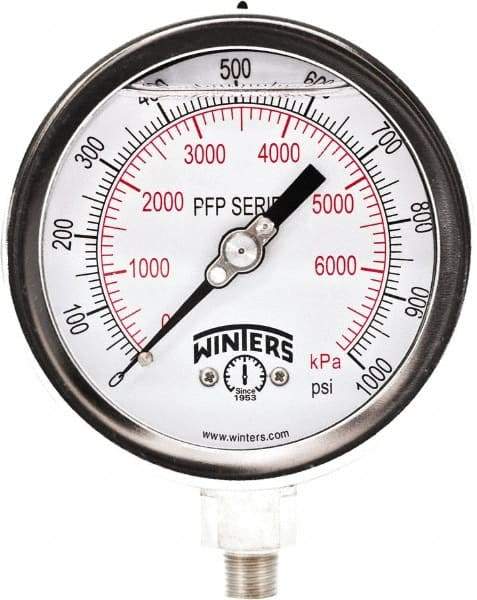 Winters - 4" Dial, 1/4 Thread, 0-1,000 Scale Range, Pressure Gauge - Bottom Connection Mount, Accurate to 0.01% of Scale - Caliber Tooling