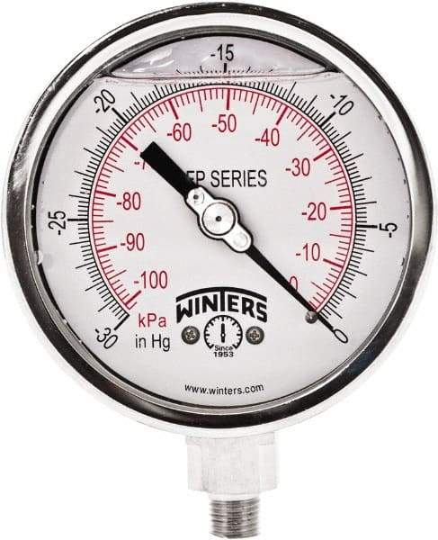 Winters - 4" Dial, 1/4 Thread, 30" HG Vac Scale Range, Pressure Gauge - Bottom Connection Mount, Accurate to 1% Full-Scale of Scale - Caliber Tooling