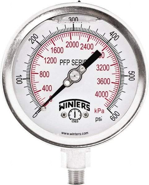 Winters - 4" Dial, 1/4 Thread, 0-600 Scale Range, Pressure Gauge - Bottom Connection Mount, Accurate to 1% Full-Scale of Scale - Caliber Tooling