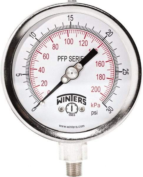 Winters - 4" Dial, 1/4 Thread, 0-30 Scale Range, Pressure Gauge - Bottom Connection Mount, Accurate to 0.01% of Scale - Caliber Tooling