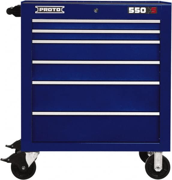 Proto - 6 Drawer Steel Tool Roller Cabinet - 34" Wide x 41" High x 25-1/4" Deep, Ball Bearing Drawer Slides, Blue - Caliber Tooling