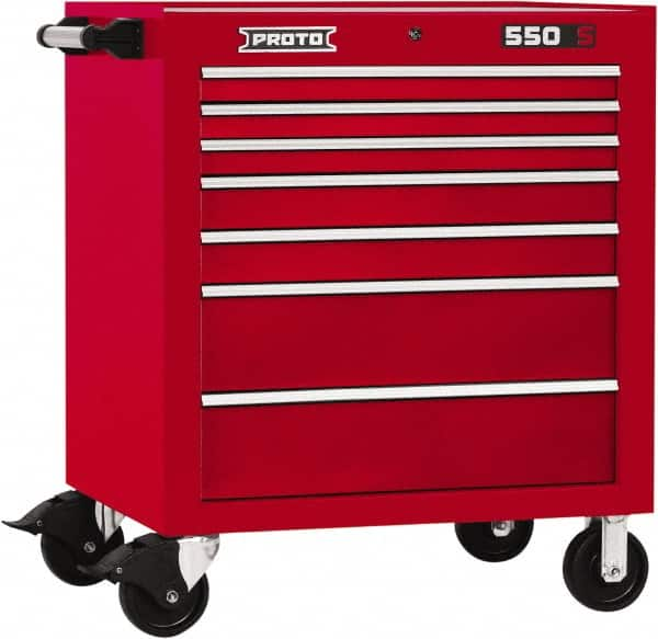 Proto - 7 Drawer Steel Tool Roller Cabinet - 34" Wide x 41" High x 25-1/4" Deep, Ball Bearing Drawer Slides, Red - Caliber Tooling