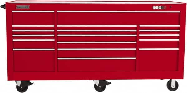 Proto - 48,654 Lb Capacity, 20 Drawer Mobile Workstation - 88-1/4" Wide x 27" Deep x 46-3/8" High, Steel, Red - Caliber Tooling