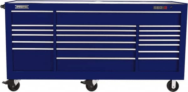 Proto - 48,654 Lb Capacity, 18 Drawer Mobile Workstation - 88-1/4" Wide x 27" Deep x 46-3/8" High, Steel, Blue - Caliber Tooling