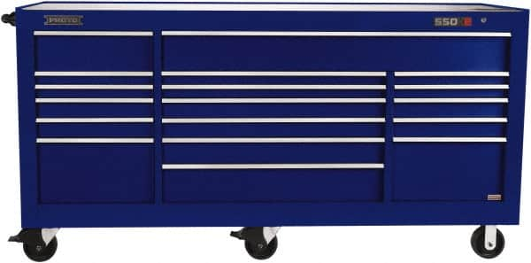 Proto - 48,654 Lb Capacity, 18 Drawer Mobile Workstation - 88-1/4" Wide x 27" Deep x 46-3/8" High, Steel, Blue - Caliber Tooling