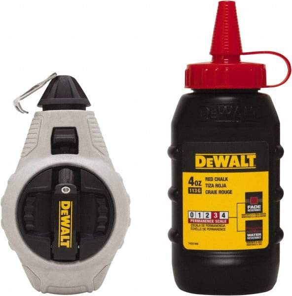 DeWALT - 100' Long Reel & Chalk Set - Silver & Black, Includes 4 oz Red Chalk - Caliber Tooling