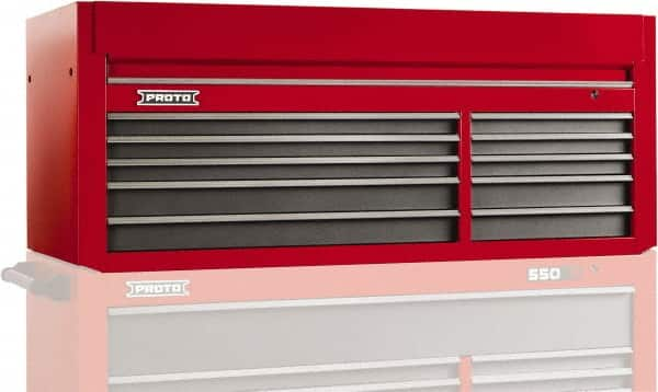 Proto - 10 Drawer Top Tool Chest - 66" Wide x 27" Deep x 27" High, Steel, Safety Red/Gray - Caliber Tooling