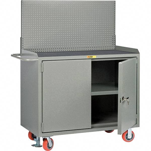 Little Giant - 3,600 Lb Capacity, 3 Shelf, 2 Door Mobile Bench Cabinet with Pegboard Panel - 41" Wide x 24" Deep x 43" High, Steel, Gray - Caliber Tooling