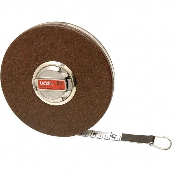 Lufkin - 50' x 5/8" White Fiberglass Blade Tape Measure - 1, 1/10 & 1/100" Graduation, Inch Graduation Style, Brown Vinyl Clad Steel Case - Caliber Tooling