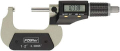 Fowler - 1 to 2" Range, 0.00005" Resolution, Standard Throat IP54 Electronic Outside Micrometer - 0.00016" Accuracy, Ratchet Stop Thimble, Carbide Face, CR2032 Battery - Caliber Tooling