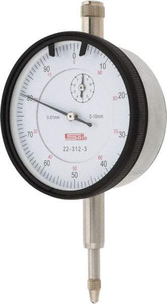 SPI - 10mm Range, 0-100 Dial Reading, 0.01mm Graduation Dial Drop Indicator - 58mm Dial, 1mm Range per Revolution, 0.02mm Accuracy, Revolution Counter, Includes NIST Traceability Certification - Caliber Tooling