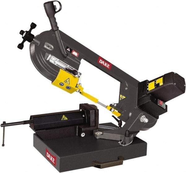 Dake - 8 x 5" Max Capacity, Manual Geared Head Horizontal Bandsaw - 262 & 196 SFPM Blade Speed, 110 Volts, 45°, 2 hp, 1 Phase - Caliber Tooling