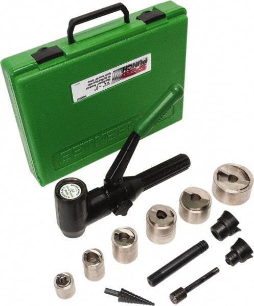 Greenlee - 19 Piece, .885 to 2.416" Punch Hole Diam, Hydraulic Knockout Set - Round Punch, 10 Gage Steel - Caliber Tooling