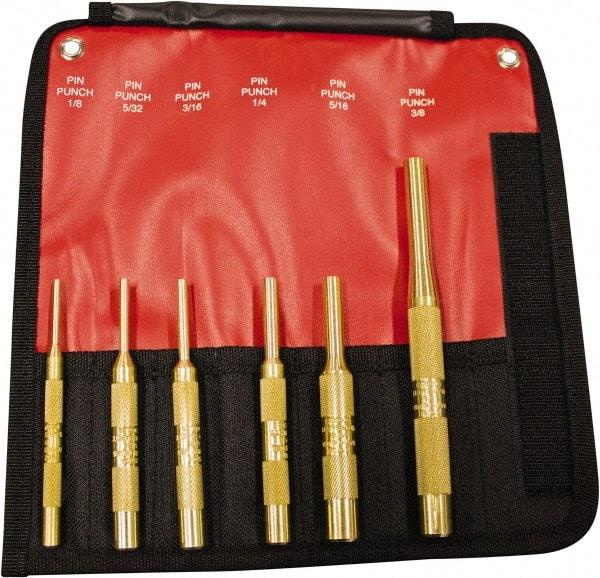Mayhew - 6 Piece, 1/8 to 3/8", Pin Punch Set - Round Shank, Brass, Comes in Pouch - Caliber Tooling
