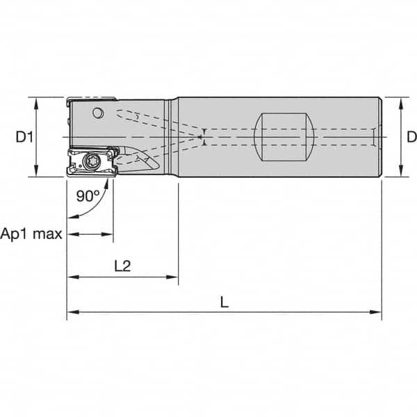 Kennametal - 40mm Cut Diam, 11mm Max Depth of Cut, 32mm Shank Diam, 110mm OAL, Indexable Square Shoulder End Mill - LNGU110408SRGE Inserts, Weldon Shank, 0° Lead Angle, Through Coolant, Series Mill 4-11 - Caliber Tooling