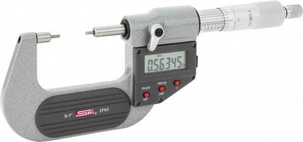 SPI - 0 to 1 Inch, 1.26 Inch Throat Depth, Electronic Spline Micrometer - 0.0001 Inch Accuracy, 0.00005 Inch Graduation, 0.25 Inch Spindle Diameter, 2mm Head Diameter, Ratchet Stop Thimble, Data Output - Caliber Tooling