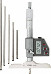 SPI - 0 to 150mm Range, 4" Base Length, 6 Rods, Ratchet Stop Thimble, Electronic Depth Micrometer - IP65, 0.00005" Resolution, Accurate to 0.005mm, 0.176" Rod Diam, LR44 Battery, Data Output - Caliber Tooling