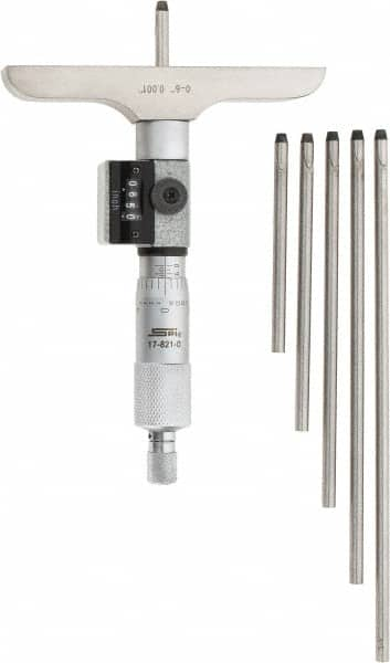 SPI - 0 to 6" Range, 6 Rod, Mechanical Depth Micrometer - Ratchet Stop Thimble, 4" Base Length, 0.001" Graduation, 4.5mm Rod Diam - Caliber Tooling