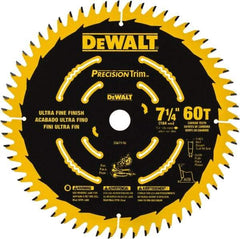 DeWALT - 7-1/4" Diam, 5/8" Arbor Hole Diam, 60 Tooth Wet & Dry Cut Saw Blade - Tungsten Carbide-Tipped, Smooth Action, Standard Round Arbor - Caliber Tooling