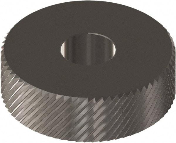 Made in USA - 5/8" Diam, 90° Tooth Angle, 20 TPI, Beveled Face, Form Type Cobalt Right-Hand Diagonal Knurl Wheel - 1/4" Face Width, 1/4" Hole, Circular Pitch, 30° Helix, Ferritic Nitrocarburizing Finish, Series GK - Exact Industrial Supply