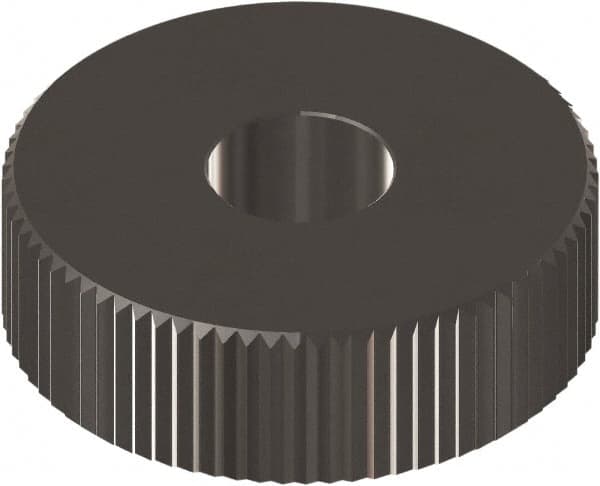 Made in USA - 3/4" Diam, 90° Tooth Angle, 14 TPI, Beveled Face, Form Type Cobalt Straight Knurl Wheel - 3/8" Face Width, 1/4" Hole, Circular Pitch, 0° Helix, Ferritic Nitrocarburizing Finish, Series KP - Exact Industrial Supply